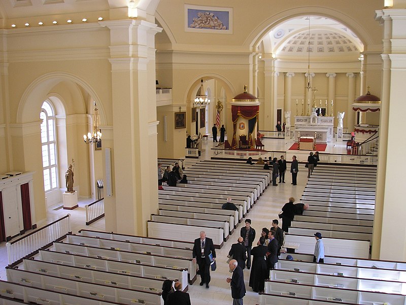 Nave of the recently renovated Basilica of the National Shrine of the Assumption of the Blessed Virgin Mary in Baltimore, MD. Taken by Clark Miller after the first mass celebrated there October 29, 2006. https://commons.wikimedia.org/wiki/File:Baltimore_basilica_nave.JPG