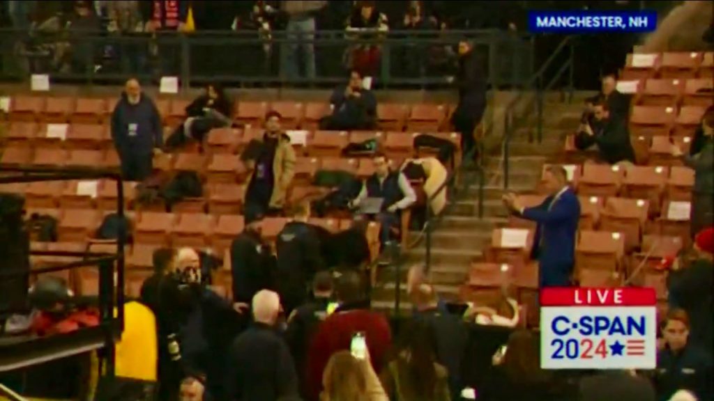 Empty seating at Trump rally New Hampshire 2024.